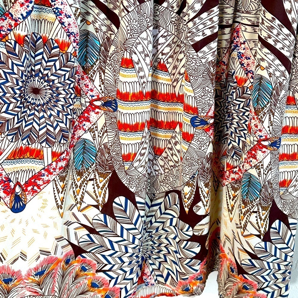 Umgee Tan/Multicolor Bohemian Print Bishop Sleeves Dress with Tassle Ties Sz L - Picture 5 of 14